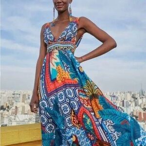 FARM Rio Blue Red Halter Maxi Sundress